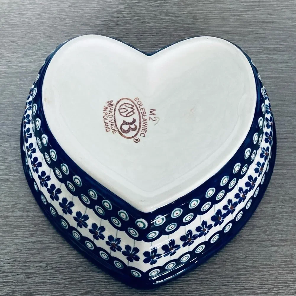 Boleslawiec Heart Shape Peacock Polish Pottery Ceramic Bowl Dish